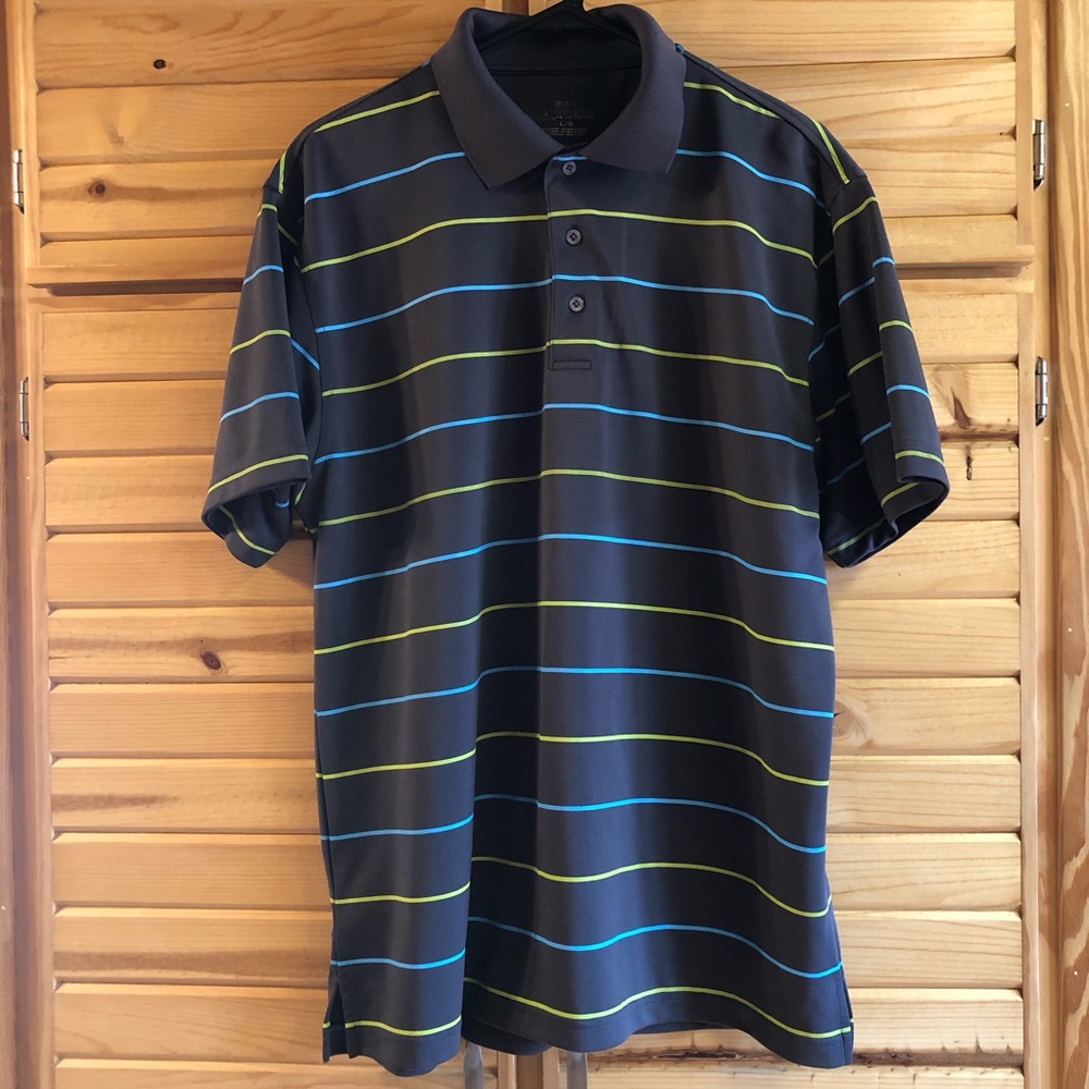 PGA TOUR MEN’S POLO GOLF SHIRT, GRAY WITH BLUE AND YELLOW STRIPES, SIZE L